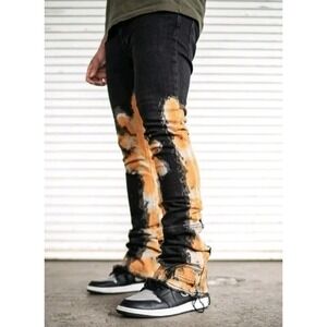 New Valabasas Men Jeans 36x35 Distressed Tie Dye Cargo Pocket Black Streetwear